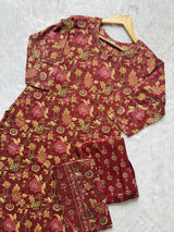 Round Neck Floral Printed Cotton Kurti Pant Dupatta Set - Maroon