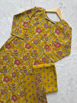 Round Neck Floral Printed Cotton Kurti Pant Dupatta Set - Yellow