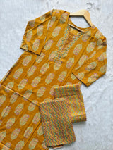 Round Neck Floral Printed Cotton Kurti Pant Dupatta Set - Mustard Yellow