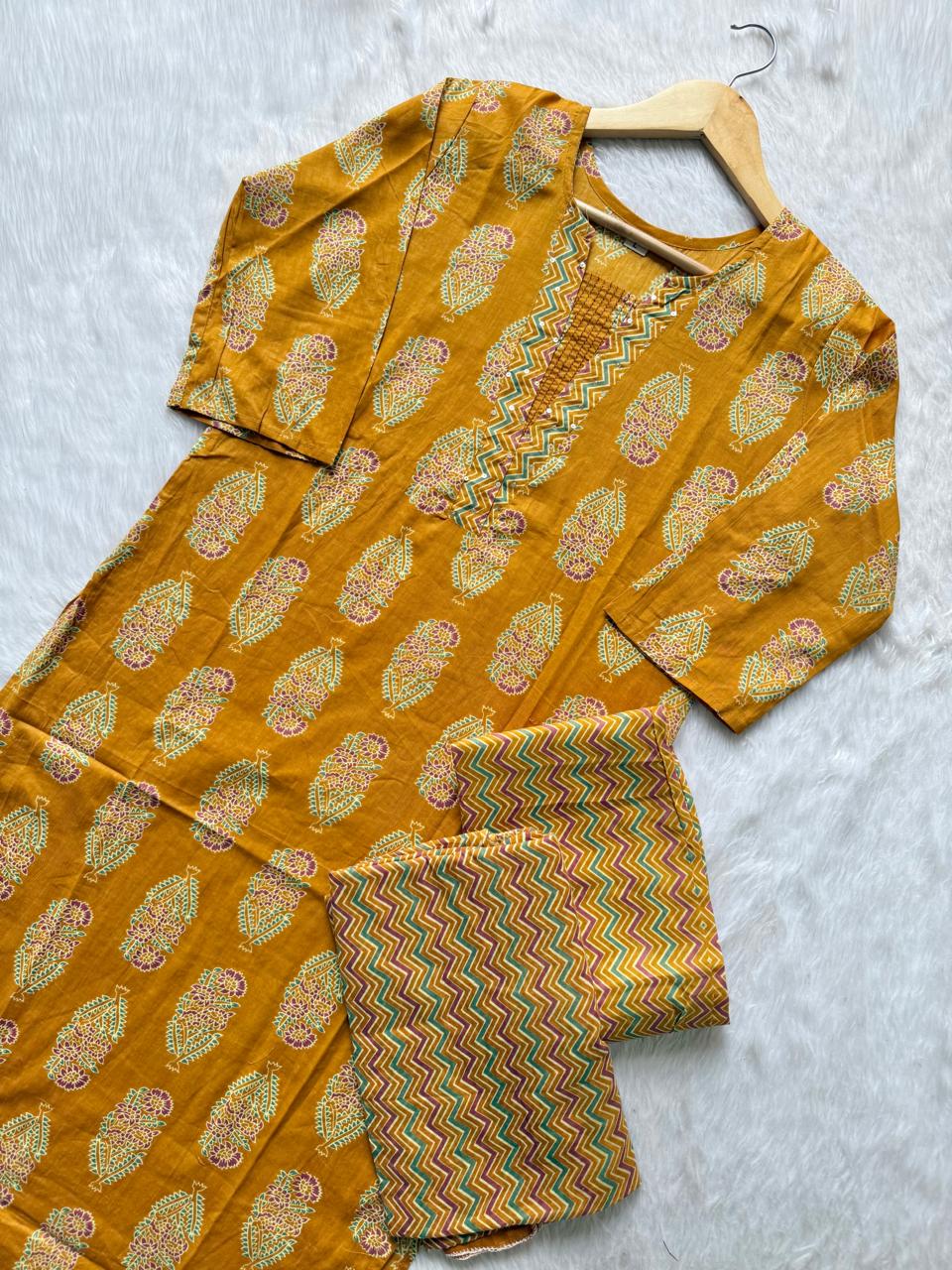 Round Neck Floral Printed Cotton Kurti Pant Dupatta Set - Mustard Yellow
