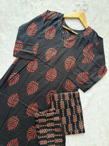 Round Neck Leaf Printed Cotton Kurti Pant Dupatta Set - Black