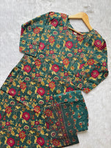 Round Neck Floral Printed Cotton Kurti Pant Dupatta Set - Green