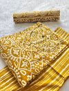 Mustard Yellow Round Notch Neck Geometric Printed Cotton Kurti Pant Dupatta Set