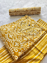 Mustard Yellow Round Notch Neck Geometric Printed Cotton Kurti Pant Dupatta Set