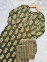 Olive Green Round Neck Floral Printed Cotton Kurti Pant Dupatta Set