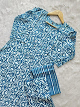 Sky Blue Round Notch Neck Geometric Printed Cotton Kurti Pant Dupatta Set