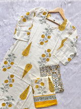 Off White &amp; Mustard Yellow Round Notch Neck Floral Printed Cotton Kurti Pant Dupatta Set