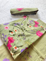 Sage Green Round Neck Floral Printed Cotton Kurti Pant Dupatta Set with Tassel Tie-Up