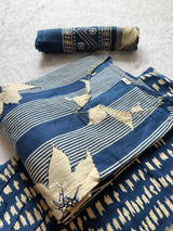 Blue Round Neck Floral Striped Printed Cotton Kurti Pant Dupatta Set