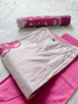 Pink V-Notch Neck Floral Printed Cotton Kurti Pant Dupatta Set