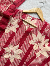 Maroon Round Neck Floral Striped Printed Cotton Kurti Pant Dupatta Set