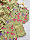Sage Green Round Neck Floral Printed Cotton Kurti Pant Dupatta Set with Tassel Tie-Up