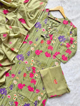 Sage Green Round Neck Floral Printed Cotton Kurti Pant Dupatta Set with Tassel Tie-Up