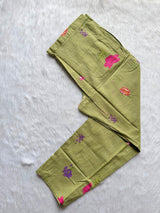 Sage Green Round Neck Floral Printed Cotton Kurti Pant Dupatta Set with Tassel Tie-Up