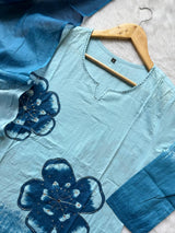 Sky Blue V-Notch Neck Floral Printed Cotton Kurti Pant Dupatta Set