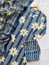 Blue Round Neck Floral Striped Printed Cotton Kurti Pant Dupatta Set