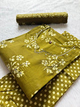 Floral Printed Mirror Work V-Notch Neck Cotton Kurti Pant Dupatta Set - Olive Green