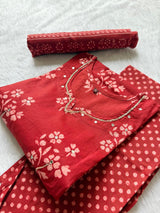 Floral Printed Mirror Work Neck Cotton Kurti Pant Dupatta Set - Red
