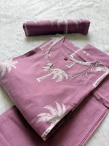 Dusty Pink Palm Tree Printed Mirror Work Cotton Kurti Pant Dupatta Set