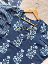 Floral Printed Mirror Work V-Notch Neck Cotton Kurti Pant Dupatta Set - Blue