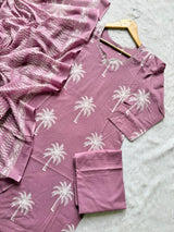 Dusty Pink Palm Tree Printed Mirror Work Cotton Kurti Pant Dupatta Set