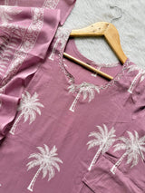 Dusty Pink Palm Tree Printed Mirror Work Cotton Kurti Pant Dupatta Set
