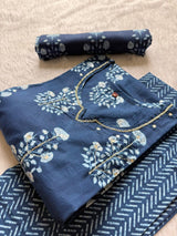 Floral Printed Mirror Work V-Notch Neck Cotton Kurti Pant Dupatta Set - Blue