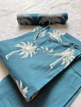 Teal Blue Palm Tree Printed Mirror Work Cotton Kurti Pant Dupatta Set