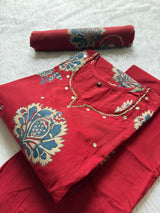 Red Floral Printed Mirror Work Cotton Kurti Pant Dupatta Set