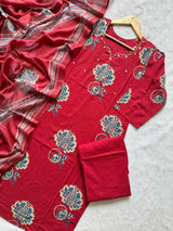 Red Floral Printed Mirror Work Cotton Kurti Pant Dupatta Set
