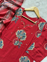 Red Floral Printed Mirror Work Cotton Kurti Pant Dupatta Set