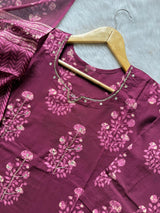 Floral Printed Mirror Work Neck Cotton Kurti Pant Dupatta Set - Wine