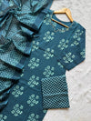 Floral Printed Mirror Work V-Notch Neck Cotton Kurti Pant Dupatta Set - Teal Blue
