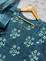 Floral Printed Mirror Work V-Notch Neck Cotton Kurti Pant Dupatta Set - Teal Blue
