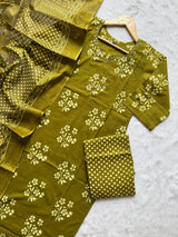 Floral Printed Mirror Work V-Notch Neck Cotton Kurti Pant Dupatta Set - Olive Green