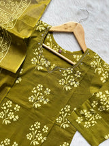 Floral Printed Mirror Work V-Notch Neck Cotton Kurti Pant Dupatta Set - Olive Green