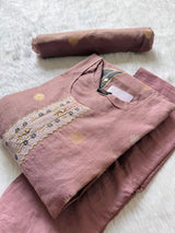 Dusty Pink Pure Tissue Shimmer Silk Embroidered Kurti Pant Dupatta Set