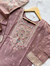 Mauve Tissue Shimmer Silk Embroidered Kurti Pant Dupatta Set