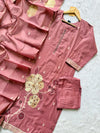 Dusty Rose Tissue Shimmer Silk Mirror Work Embroidered Kurti Pant Dupatta Set