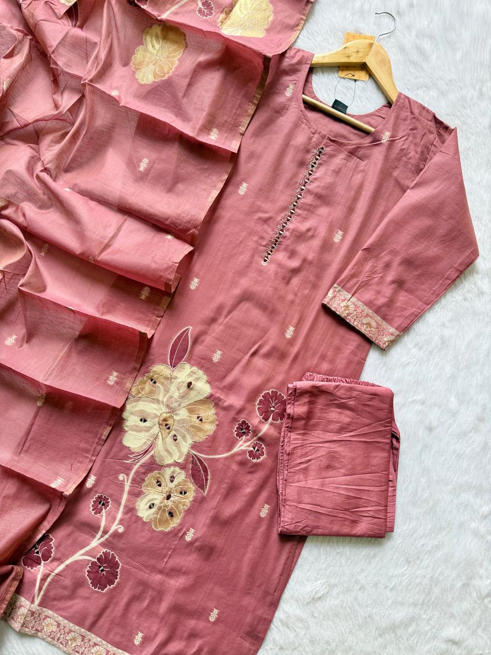 Dusty Rose Tissue Shimmer Silk Mirror Work Embroidered Kurti Pant Dupatta Set