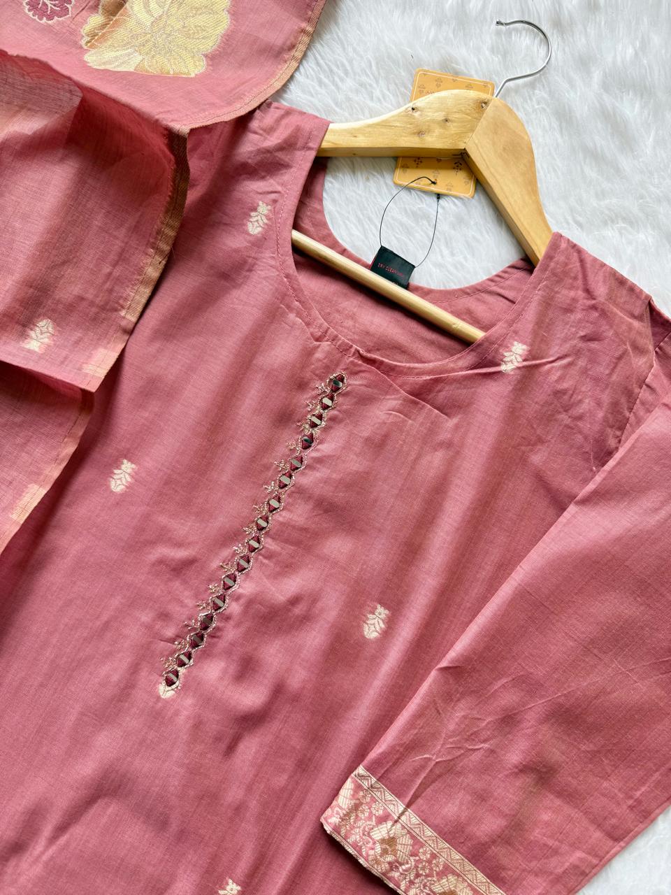 Dusty Rose Tissue Shimmer Silk Mirror Work Embroidered Kurti Pant Dupatta Set
