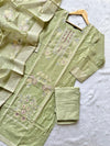 Pistachio Green Pure Tissue Shimmer Silk Embroidered Kurti Pant Dupatta Set