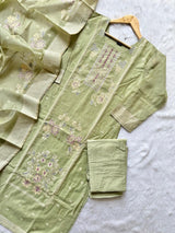 Pistachio Green Pure Tissue Shimmer Silk Embroidered Kurti Pant Dupatta Set