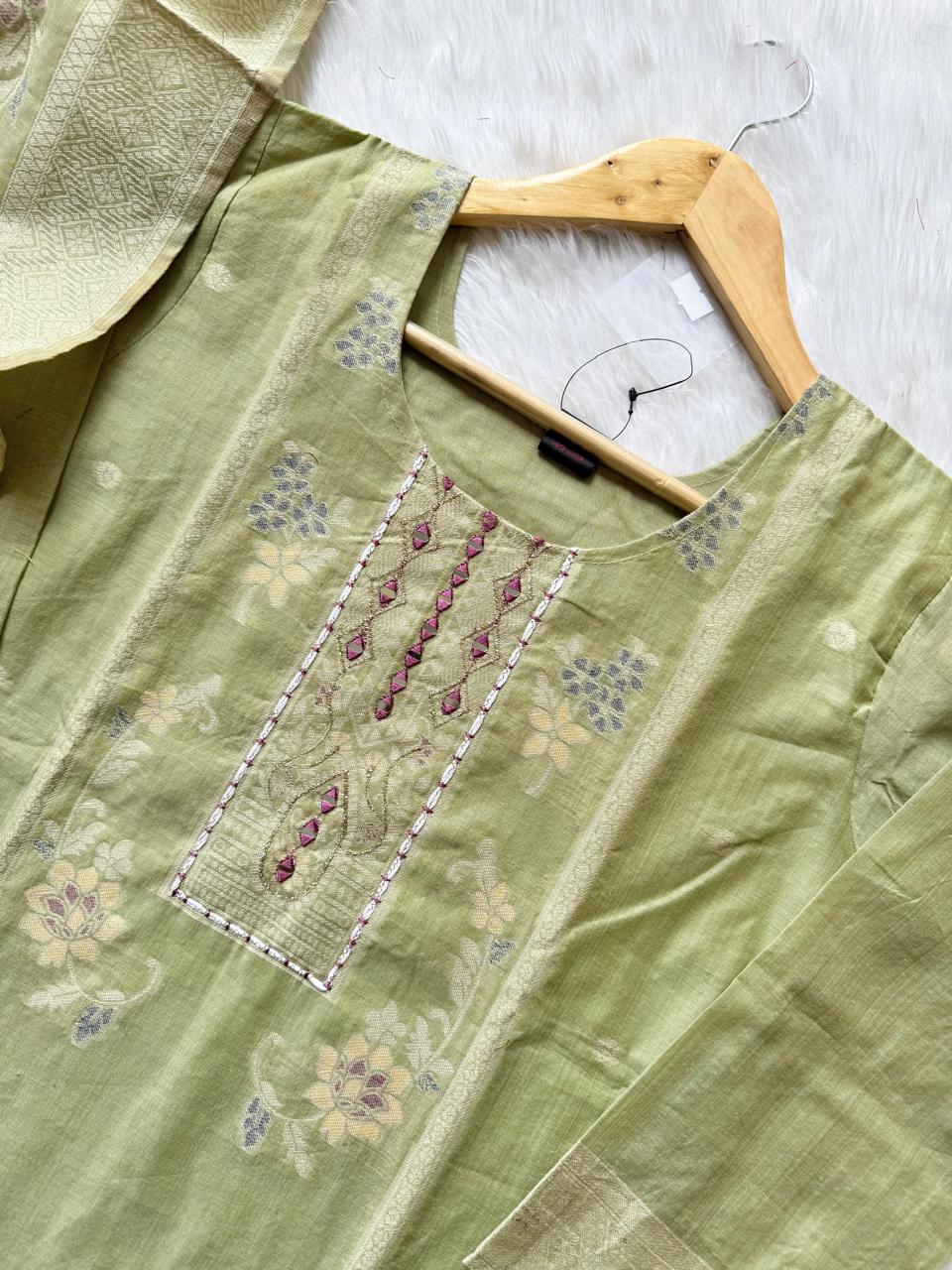 Pistachio Green Pure Tissue Shimmer Silk Embroidered Kurti Pant Dupatta Set
