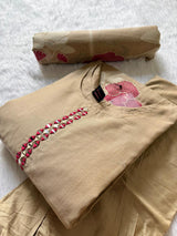 Beige Tissue Shimmer Silk Mirror Work Floral Printed Kurti Pant Dupatta Set