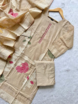 Beige Tissue Shimmer Silk Mirror Work Floral Printed Kurti Pant Dupatta Set