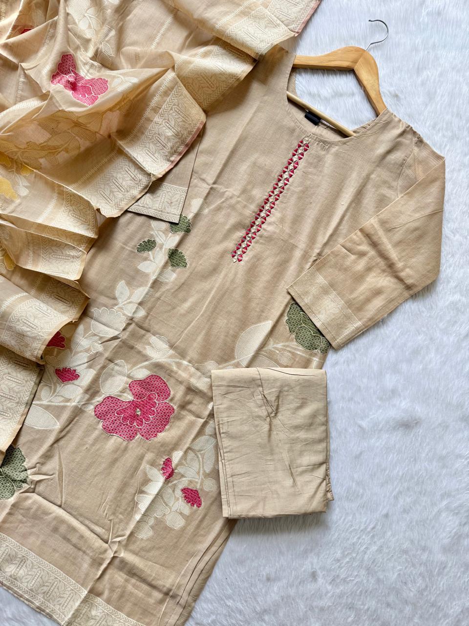 Beige Tissue Shimmer Silk Mirror Work Floral Printed Kurti Pant Dupatta Set