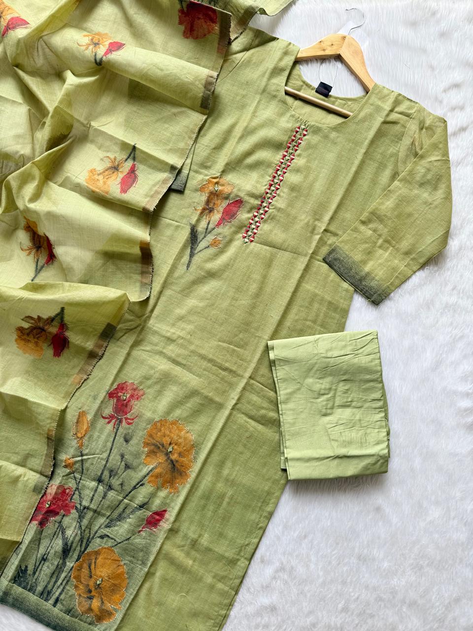 Olive Green Tissue Shimmer Silk Kurti Pant Dupatta Set