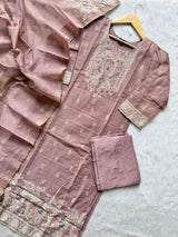 Mauve Tissue Shimmer Silk Embroidered Kurti Pant Dupatta Set