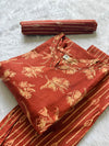 Cotton Rust Orange Floral Printed Kurti Pant Dupatta Set